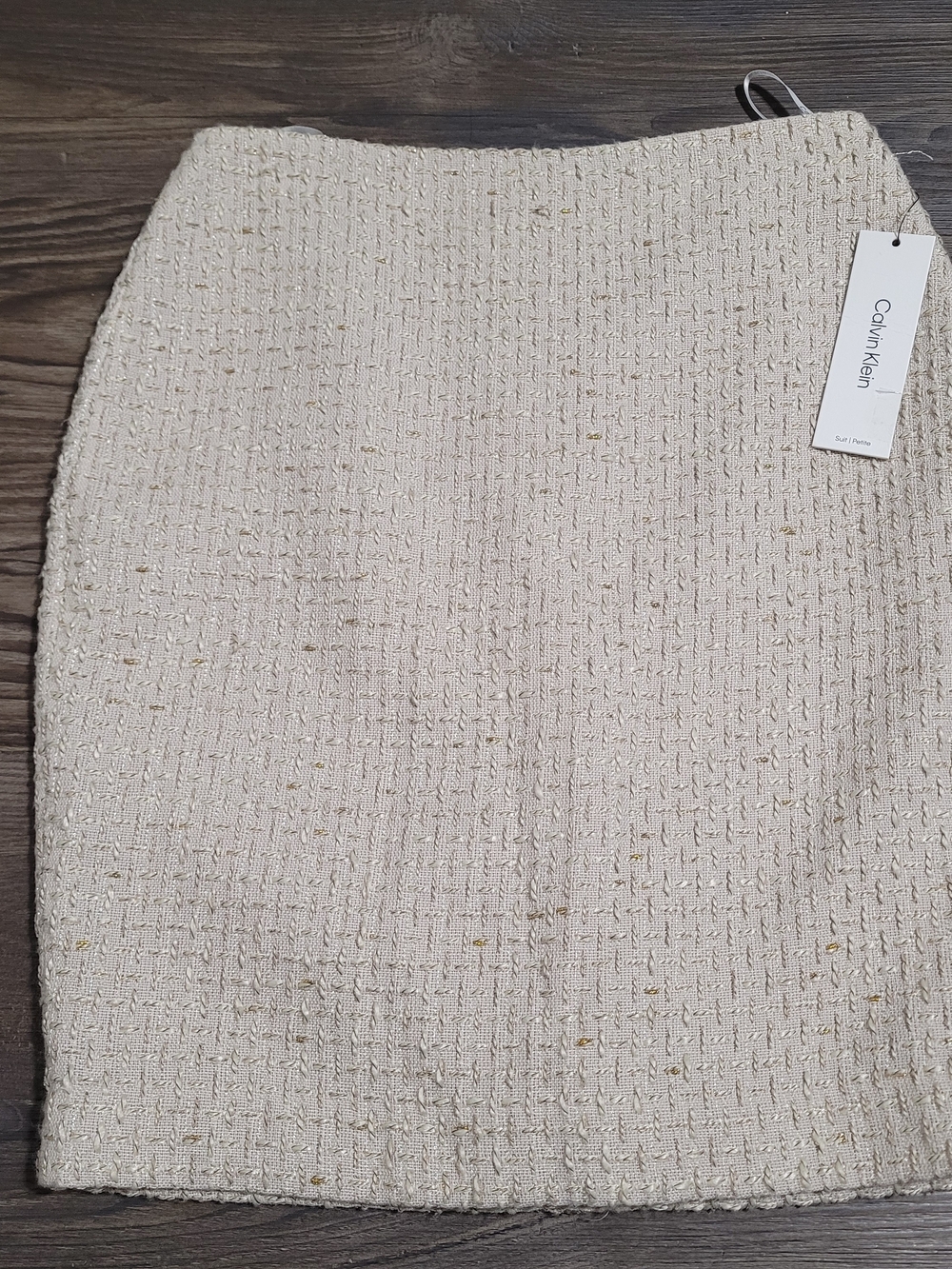 Calvin Klein Cream Tweed Pencil Skirt with Gold Thread Detail Size 4P NEW